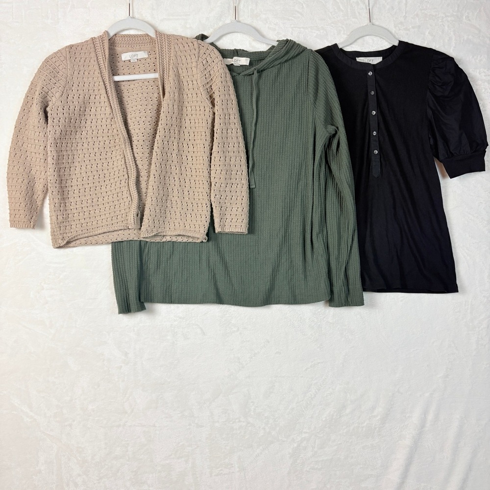 LOFT Womens Top Bundle Small Tan Crochet Cardigan Green Hoodie Black Puff Sleeve